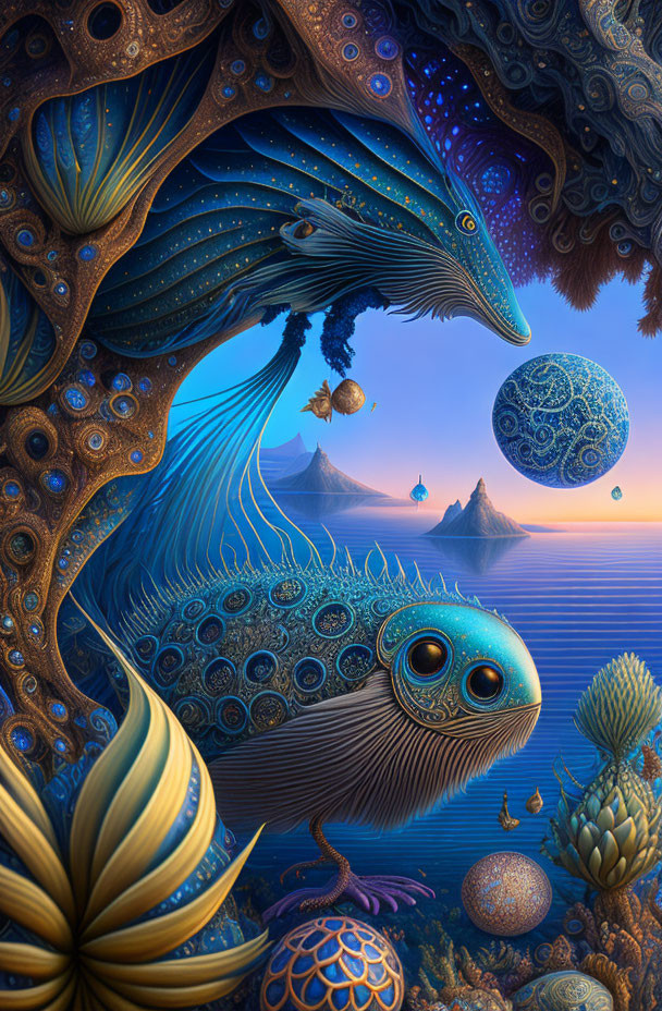 Ornate fish-like creature in surreal ocean scene with floating islands