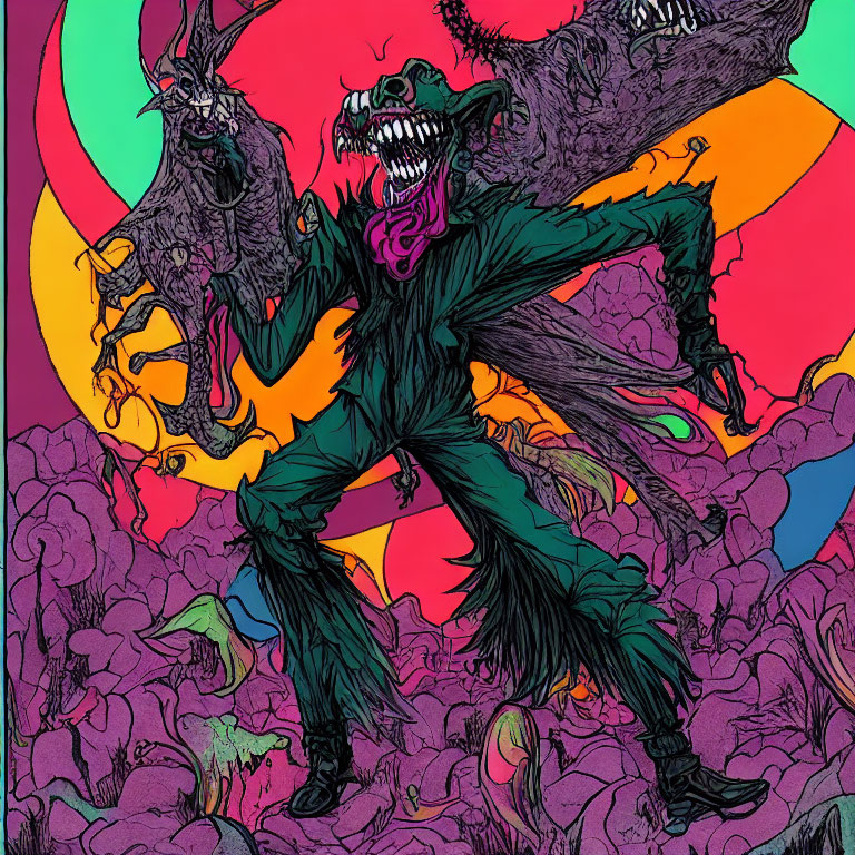 Colorful Psychedelic Monster Illustration with Roaring Heads