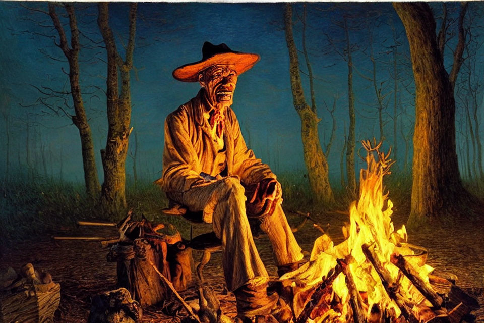 Man in wide-brimmed hat by campfire in forest at dusk