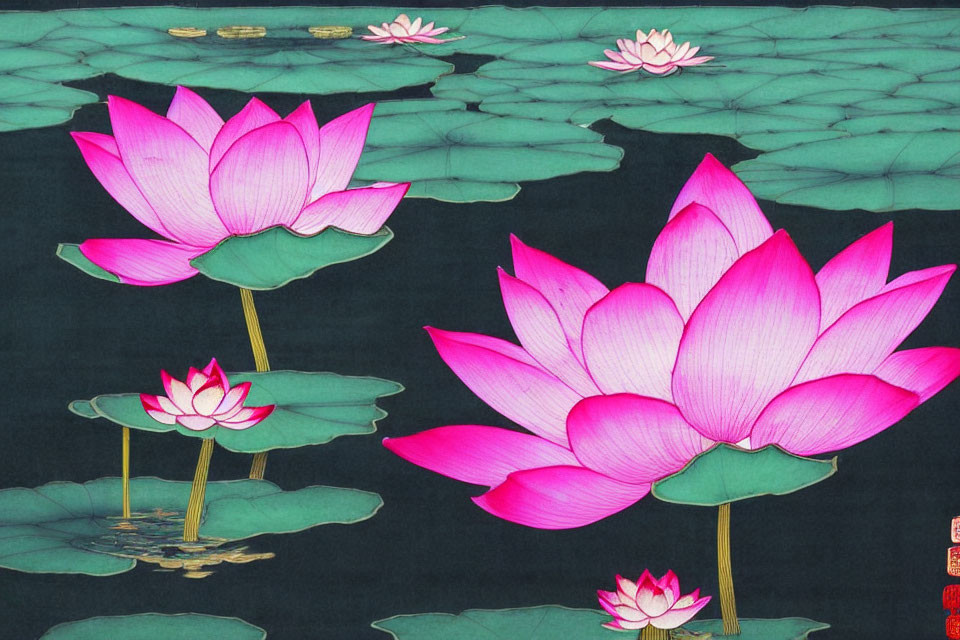 Vibrant Pink Lotus Flowers on Dark Water Surface in Asian Art Style