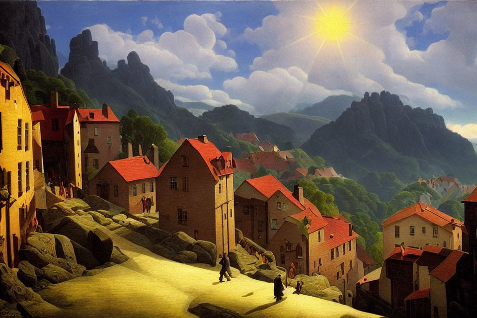 Scenic village with quaint houses, sunny skies, and towering cliffs