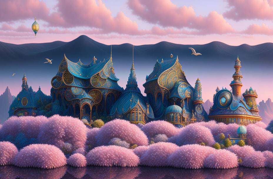 Fantasy palace with blue roofs in pink cloud landscape at dusk