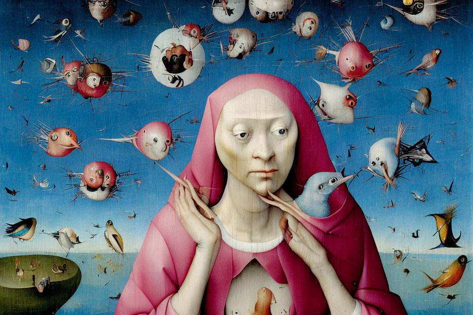 Surreal painting of woman in red cloak with floating heads and birds against blue sky