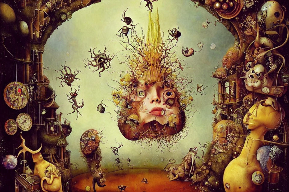 Surreal Artwork: Central Face, Floating Elements, Mechanical Details