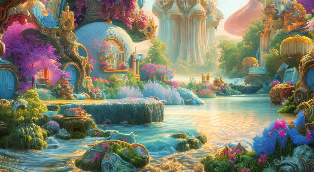 Colorful flora, whimsical structures, and serene river in fantasy landscape