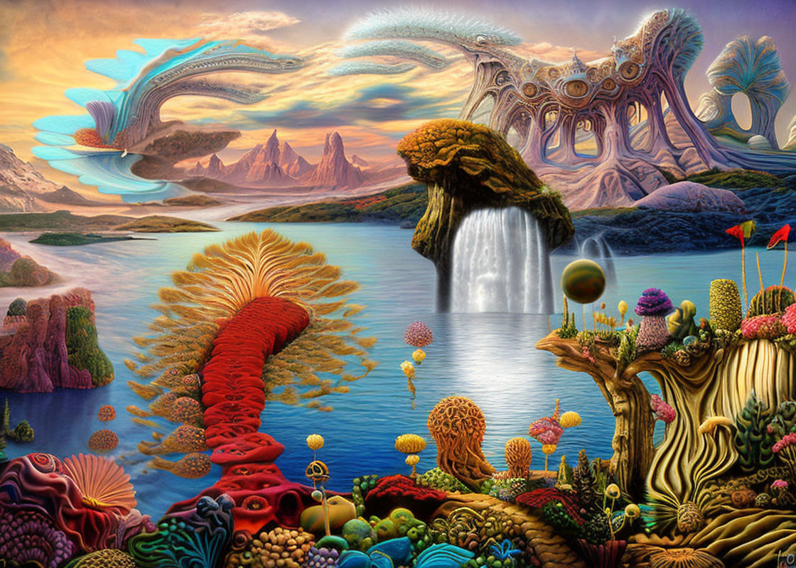 Colorful Fantasy Landscape with Organic Structures and Waterfalls