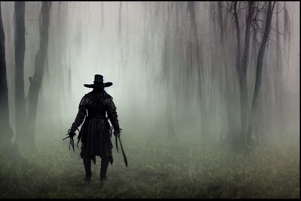 Mysterious figure in hat and coat in misty forest landscape