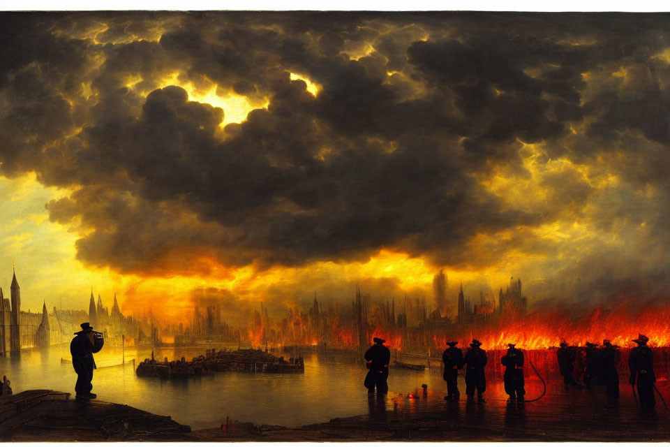 Vibrant painting of onlookers watching city blaze at dusk