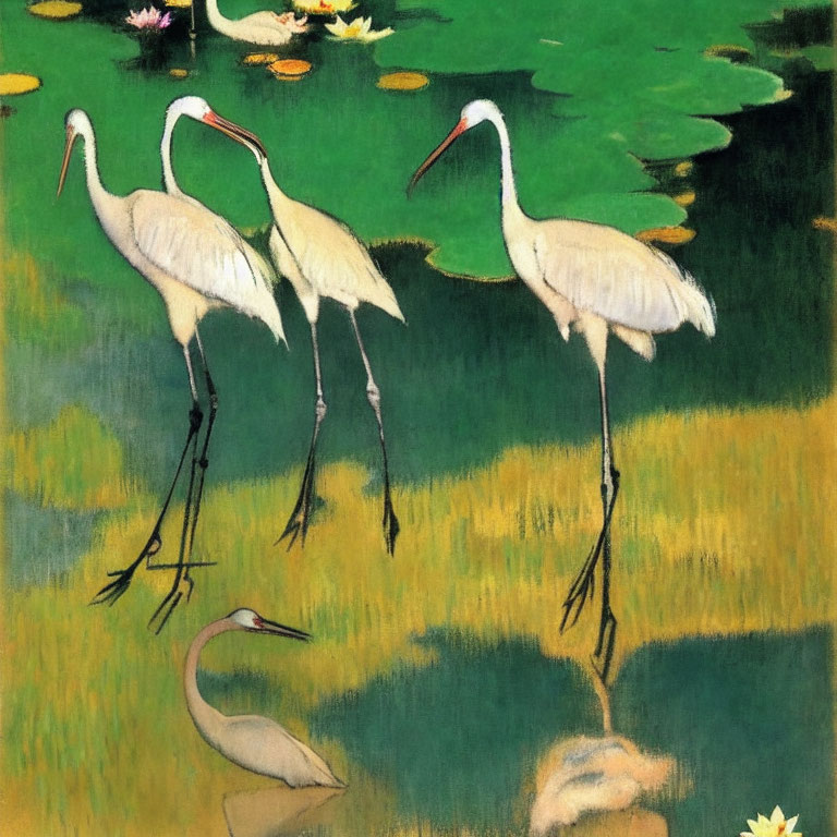 White cranes in pond with lily pads and flowers