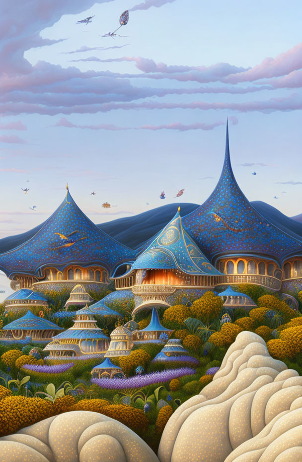 Fantastical palace painting with spired rooftops and flying carpets