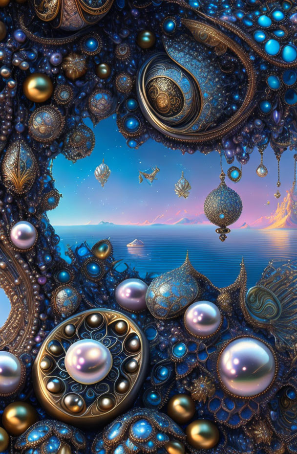 Fractal-based image: Ornate blue and gold designs with marine life elements on oceanic backdrop