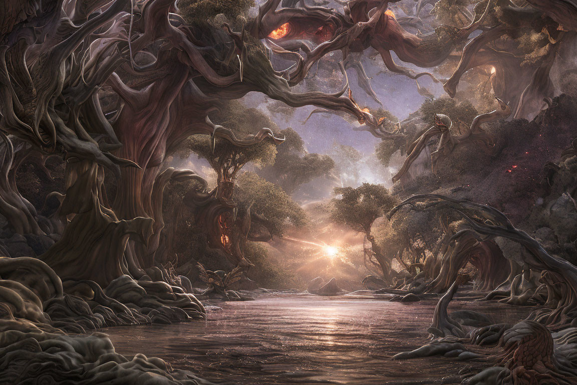 Ethereal fantasy landscape with ancient trees and glowing river