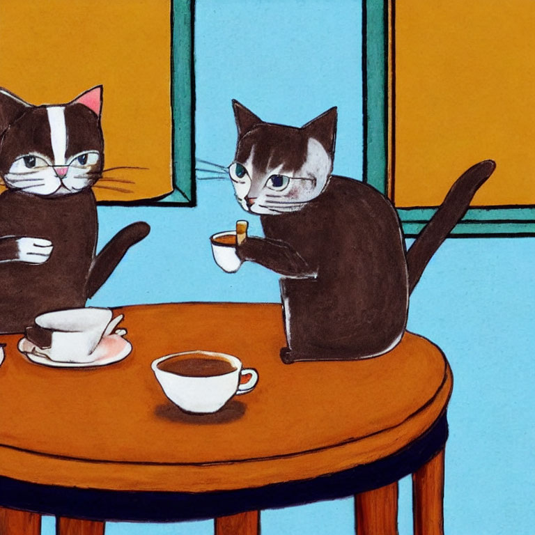 Illustrated cats at table with coffee pot and cup in blue room