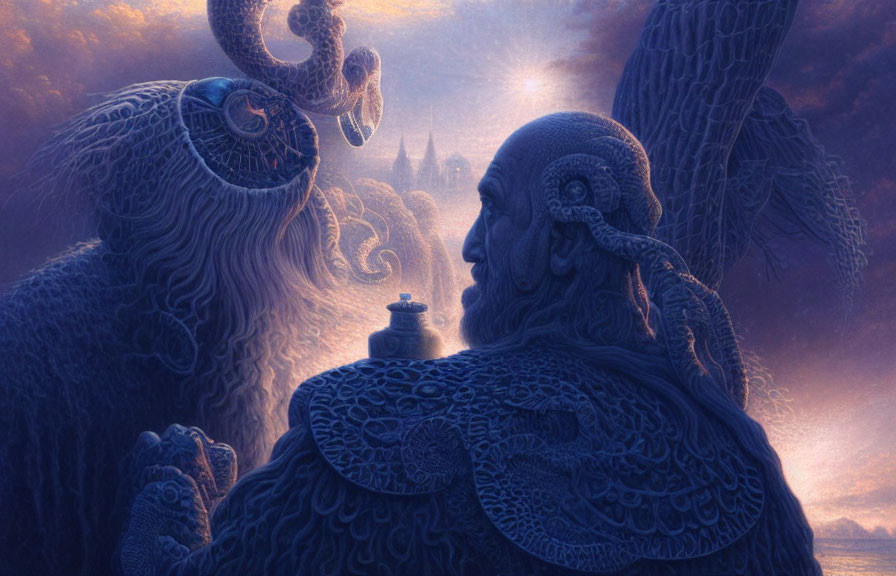 Intricately Patterned Mythical Beings in Purple Misty Scene