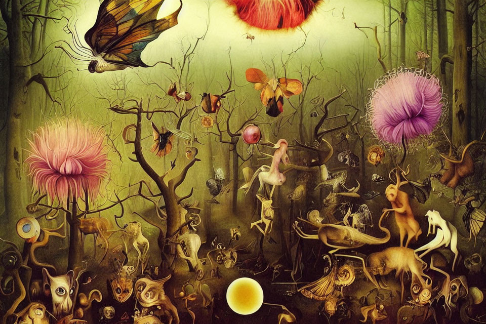 Fantastical forest scene with whimsical creatures and surreal plants