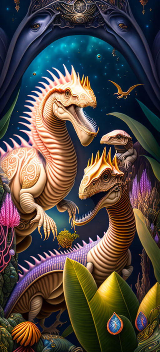 Colorful Dinosaur Artwork with Pterosaur and Exotic Foliage