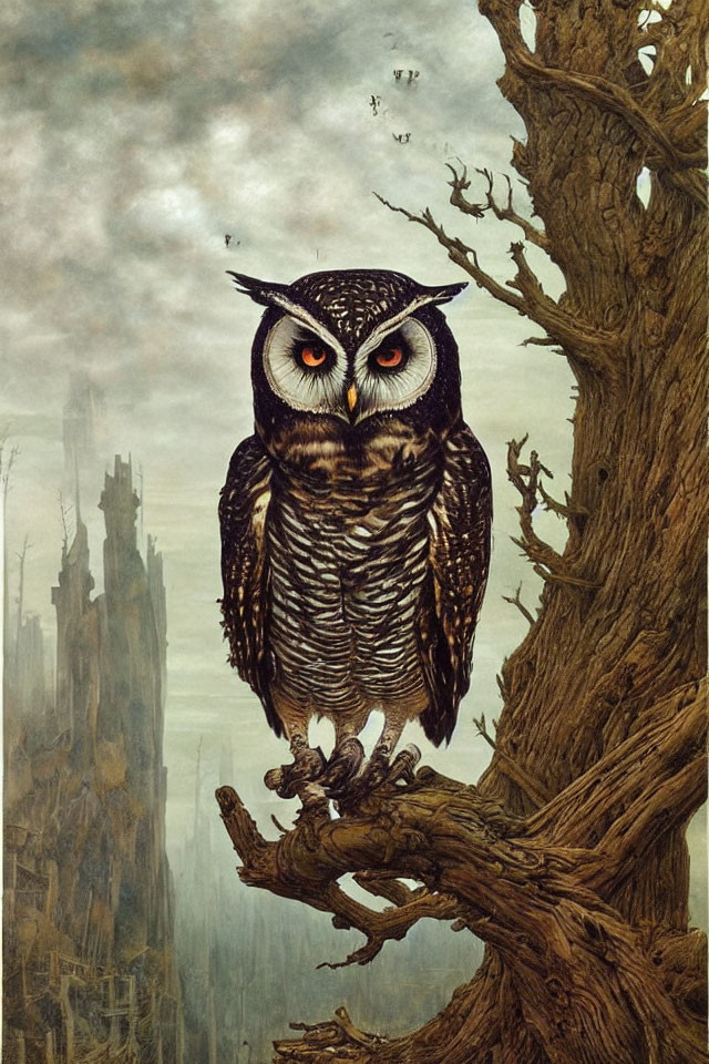 Intense owl perched on gnarled branch with misty castle and bare trees