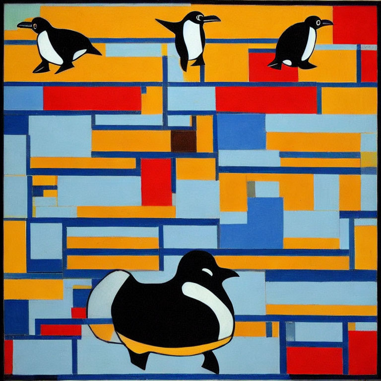 Abstract Painting of Four Stylized Penguins on Colorful Grid