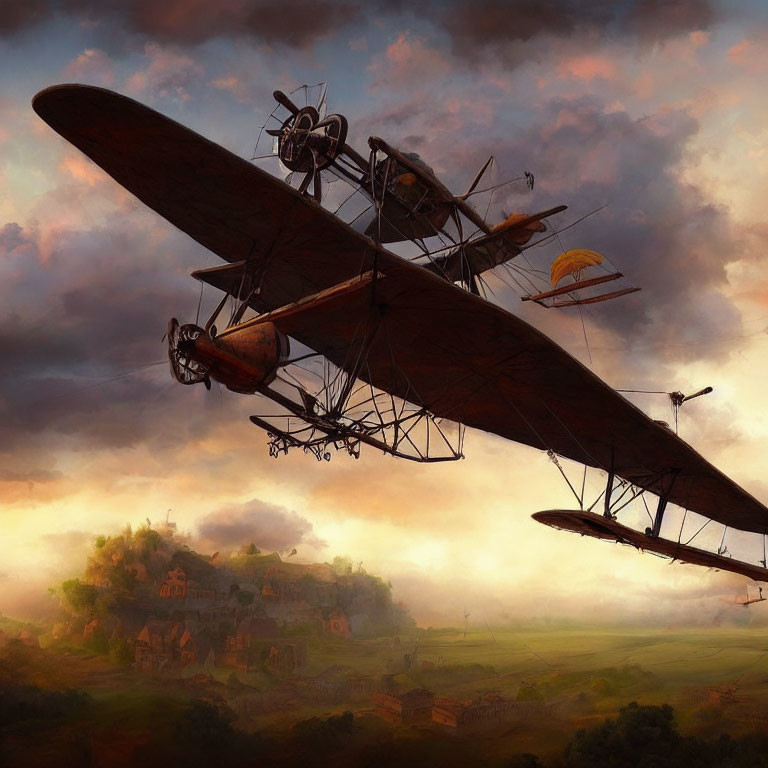 Vintage Biplane Flying over Sunset Pastoral Landscape