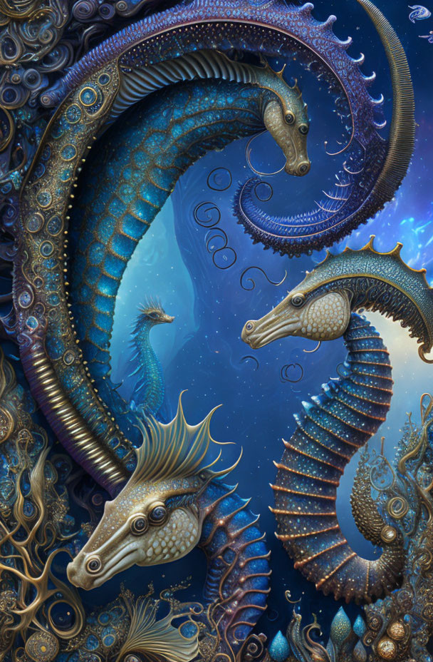 Intricate patterns and textures of fantastical seahorses in deep blue oceanic scene