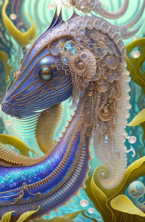 Intricate steampunk seahorse against vibrant underwater backdrop