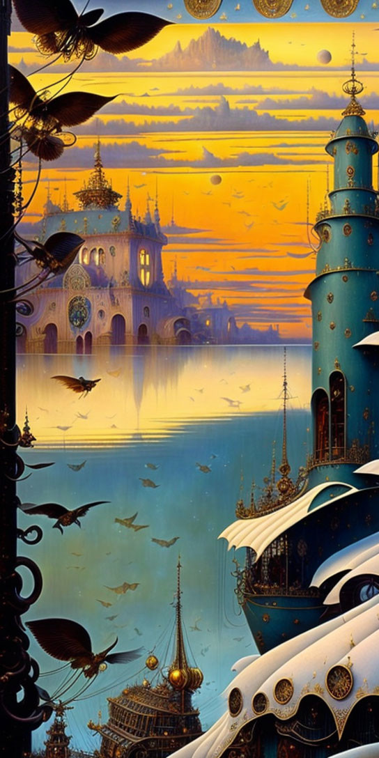 Surreal sunset scene with blue castle, flying ships, and silhouetted creatures