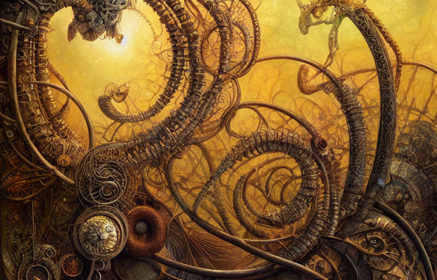 Intricate Steampunk Artwork with Gears and Mechanical Tentacles