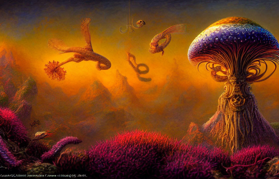 Vibrant coral, towering jellyfish, humanoid figures in alien ocean