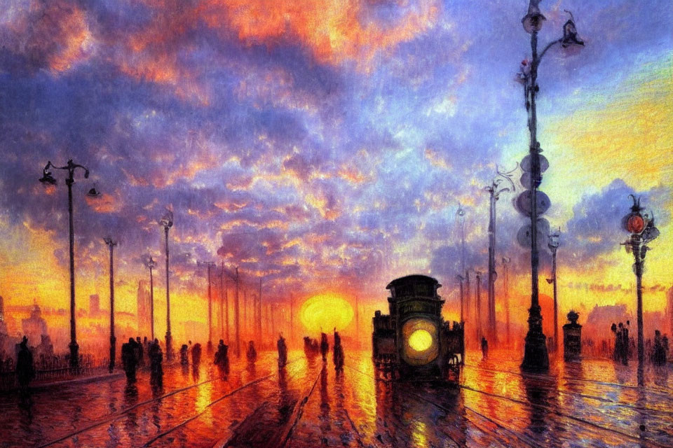 Impressionist-style painting: Busy street at sunset with silhouettes, street lamps, tram,