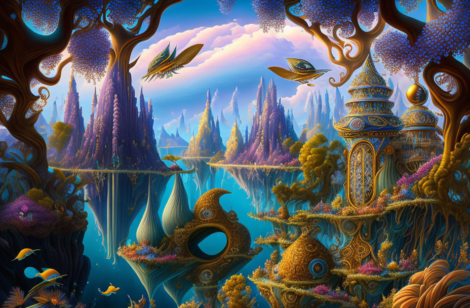 Colorful fantasy landscape with whimsical elements and floating islands.