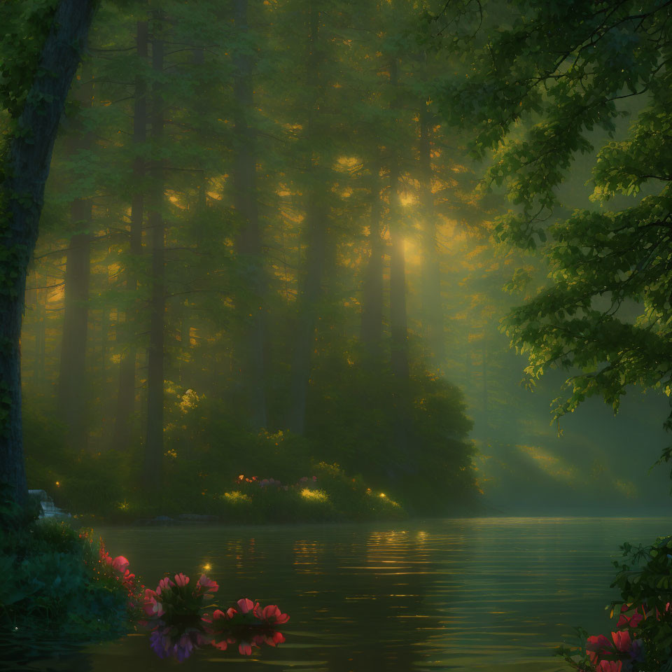 Misty forest scene with sunlight, tall trees, flowers, and calm lake