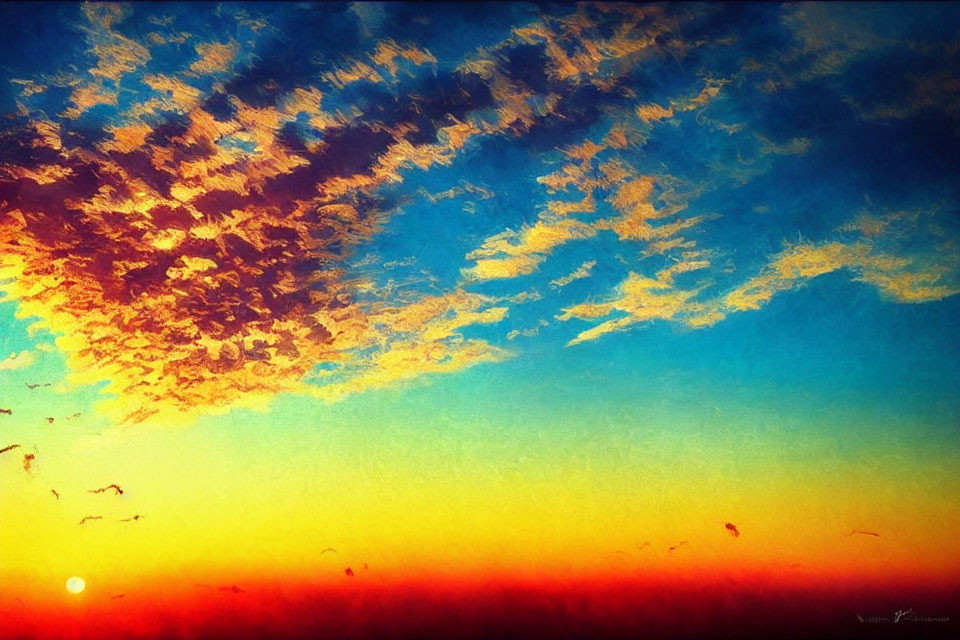 Colorful sunset with yellow to blue gradient, fluffy clouds, and birds in flight.