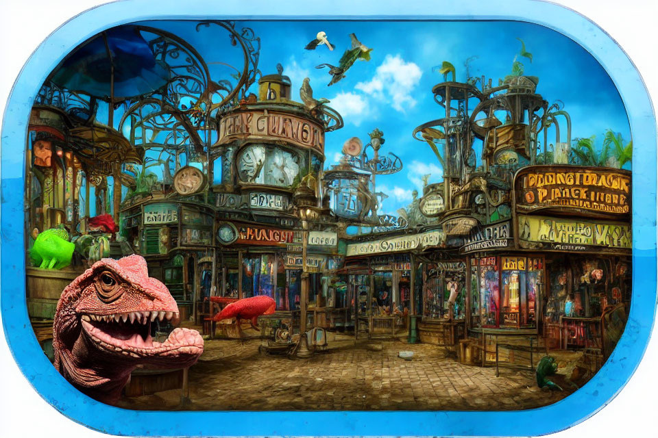 Whimsical arcade with dinosaur, flying machine, and quirky booths under blue sky