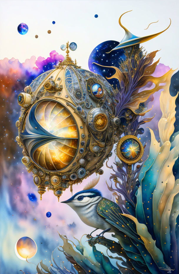 Circular steampunk-inspired structure in surreal space with bird and vibrant flora.