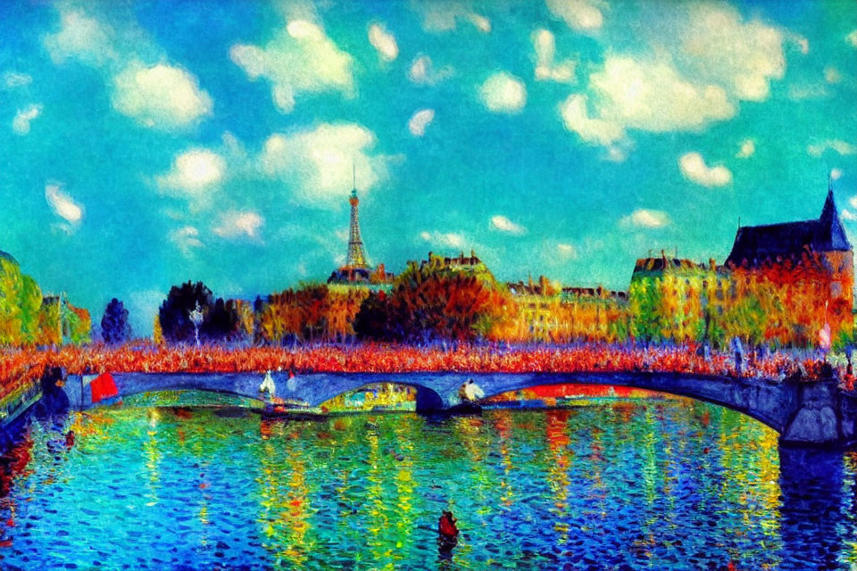 Impressionist-style Parisian painting with Eiffel Tower, Seine bridge, and colorful foliage