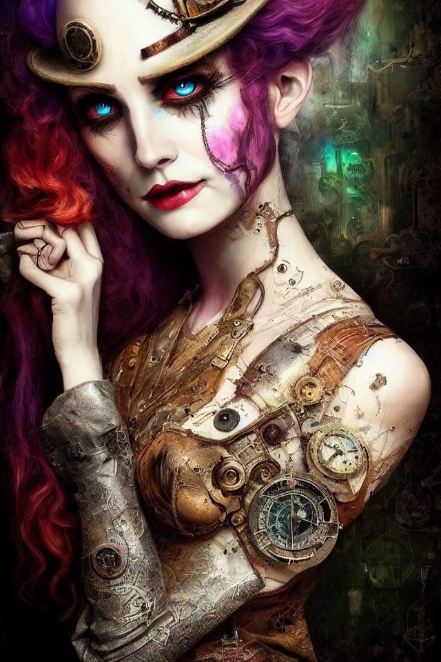 Steampunk-inspired woman with blue eyes and purple hair in mechanical costume.