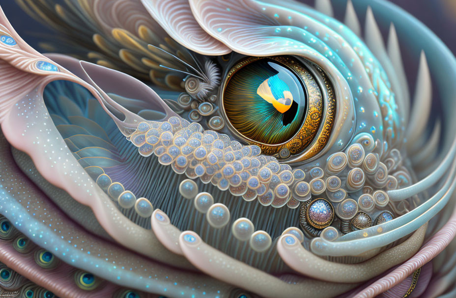 Detailed surreal eye illustration with feather-like patterns and jewel-like elements in cool colors.