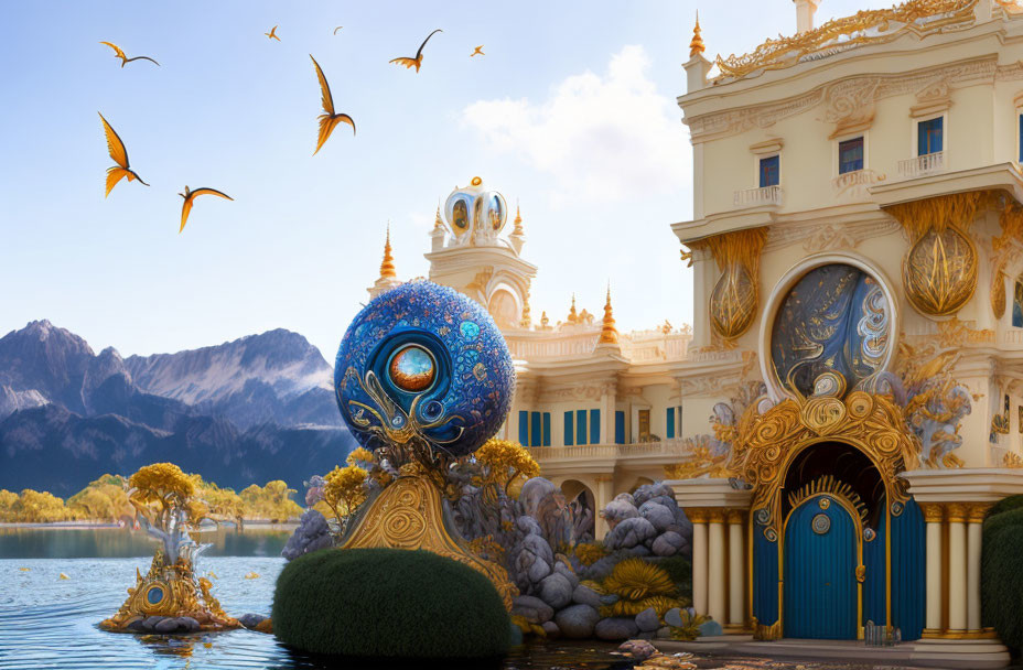 Ornate building with golden gates and peacock sculpture in natural setting