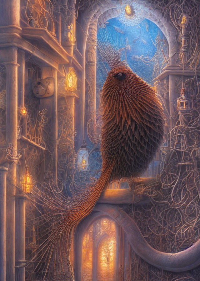 Illustration of bird-like creature in lantern-lit corridor