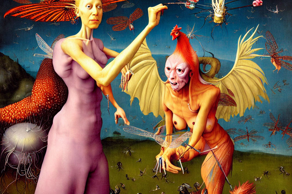 Surreal artwork: humanoid figure with butterfly wings and creature in fantastical landscape