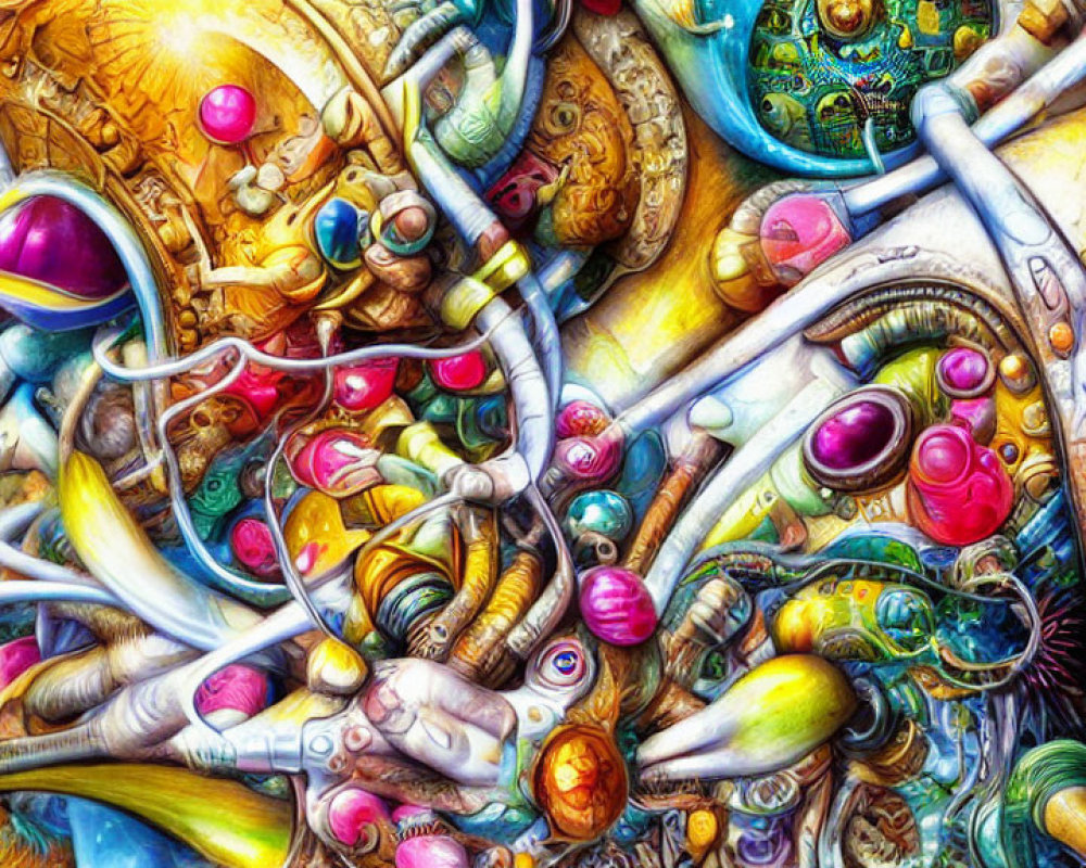 Vibrant abstract art with organic shapes, eyes, and iridescent blobs