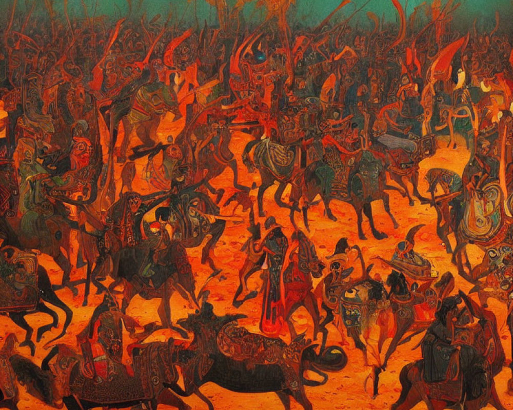 Chaotic Battle Scene with Warriors on Horseback in Fiery Tones