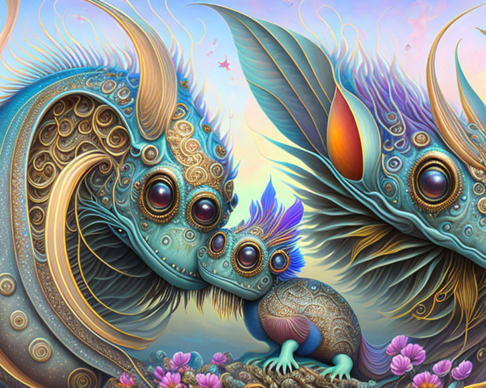 Colorful digital artwork: whimsical creatures with ornate patterns and multiple eyes in fantastical setting.