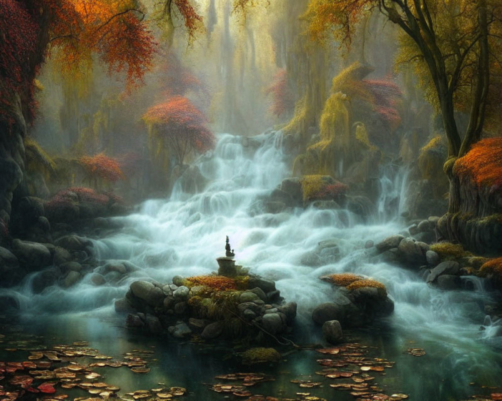 Ethereal autumnal waterfall surrounded by lush trees and lantern on rock island