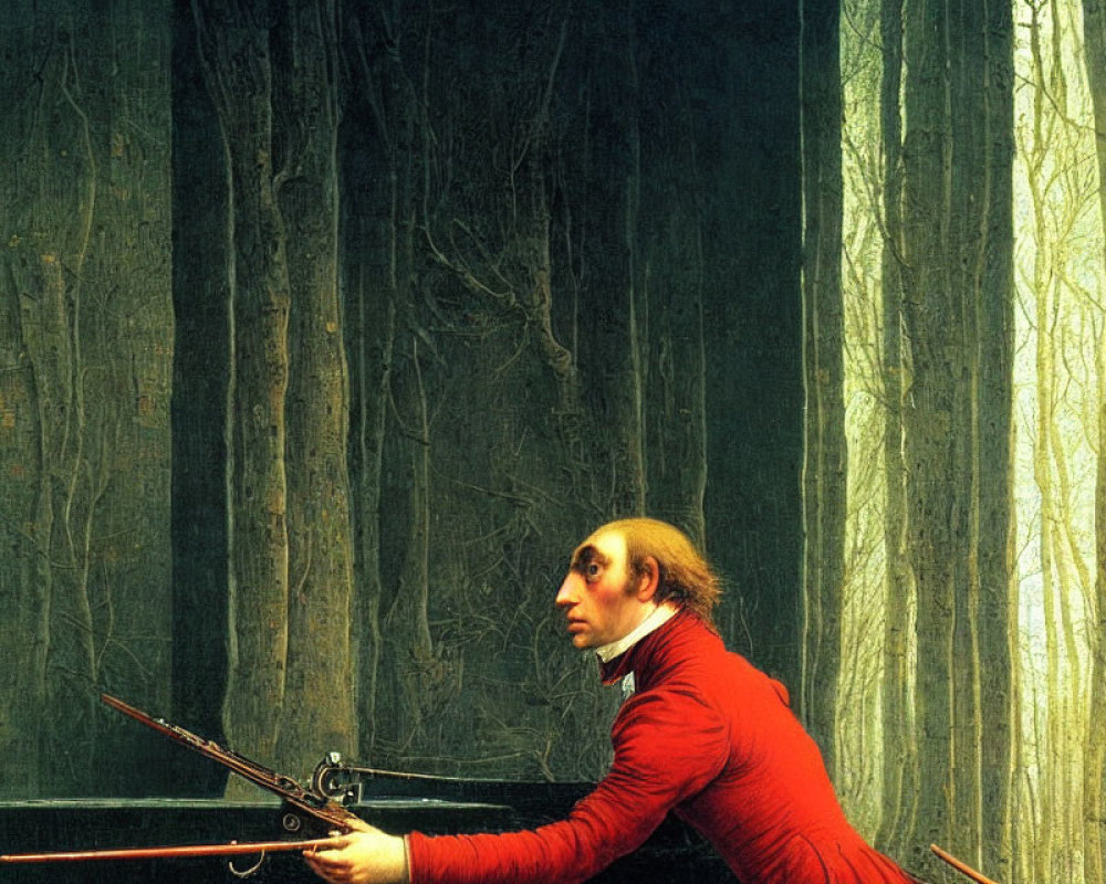 Man in Red Coat with Dueling Pistols in Dark Forest