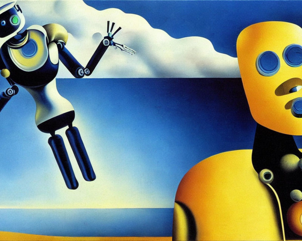 Surreal image of two stylized robots in silver and gold against a blue sky