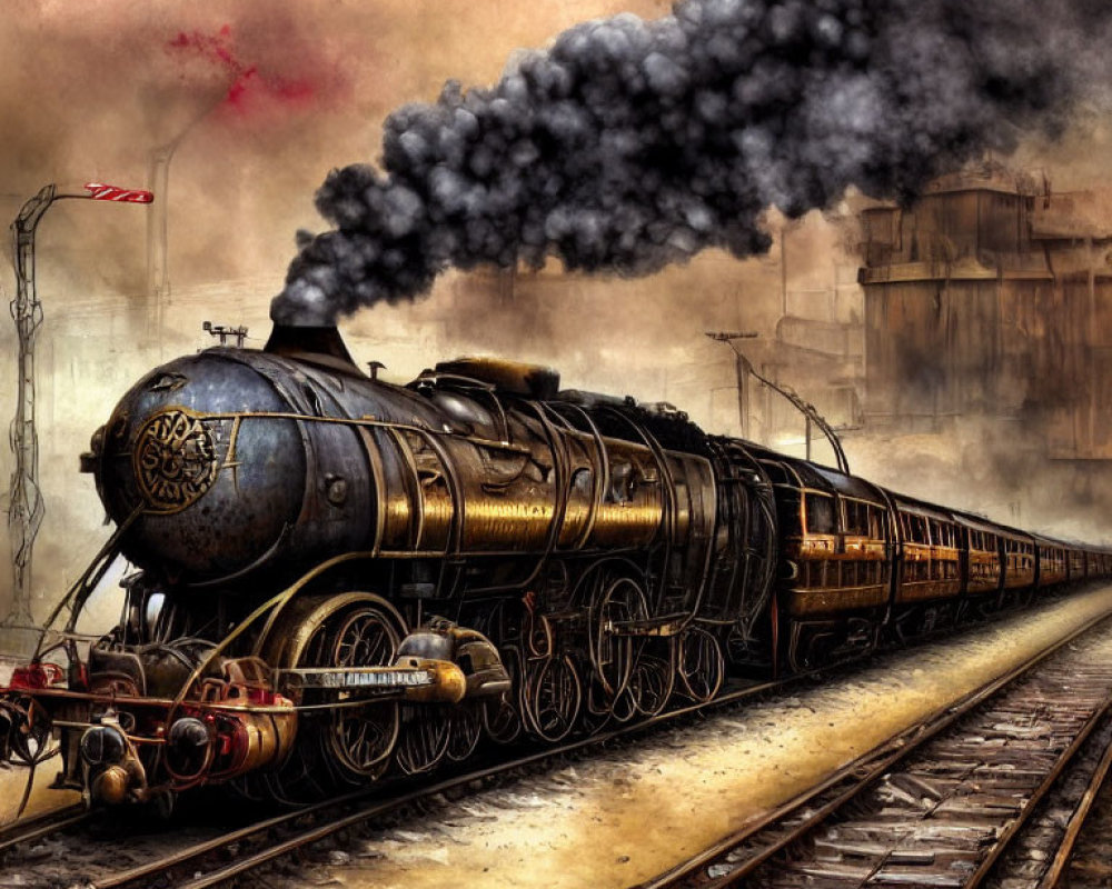 Vintage steam train emitting dark smoke on tracks with industrial backdrop