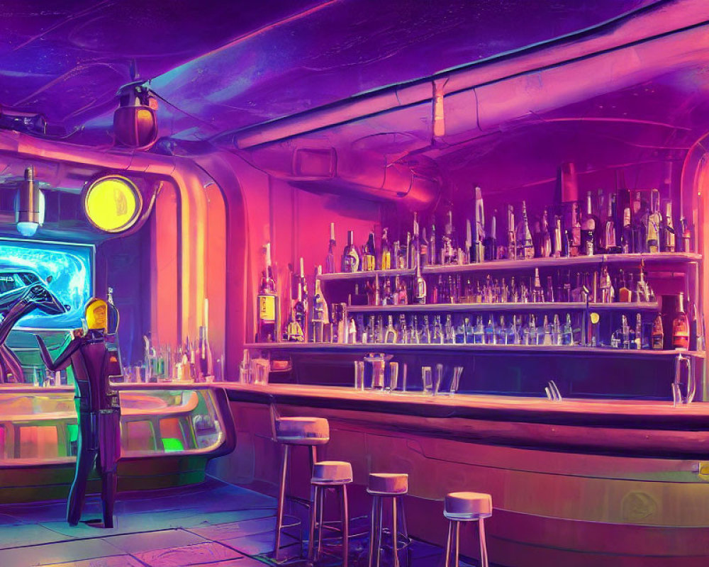 Neon-lit futuristic bar scene with alien bartender and humanoid patron