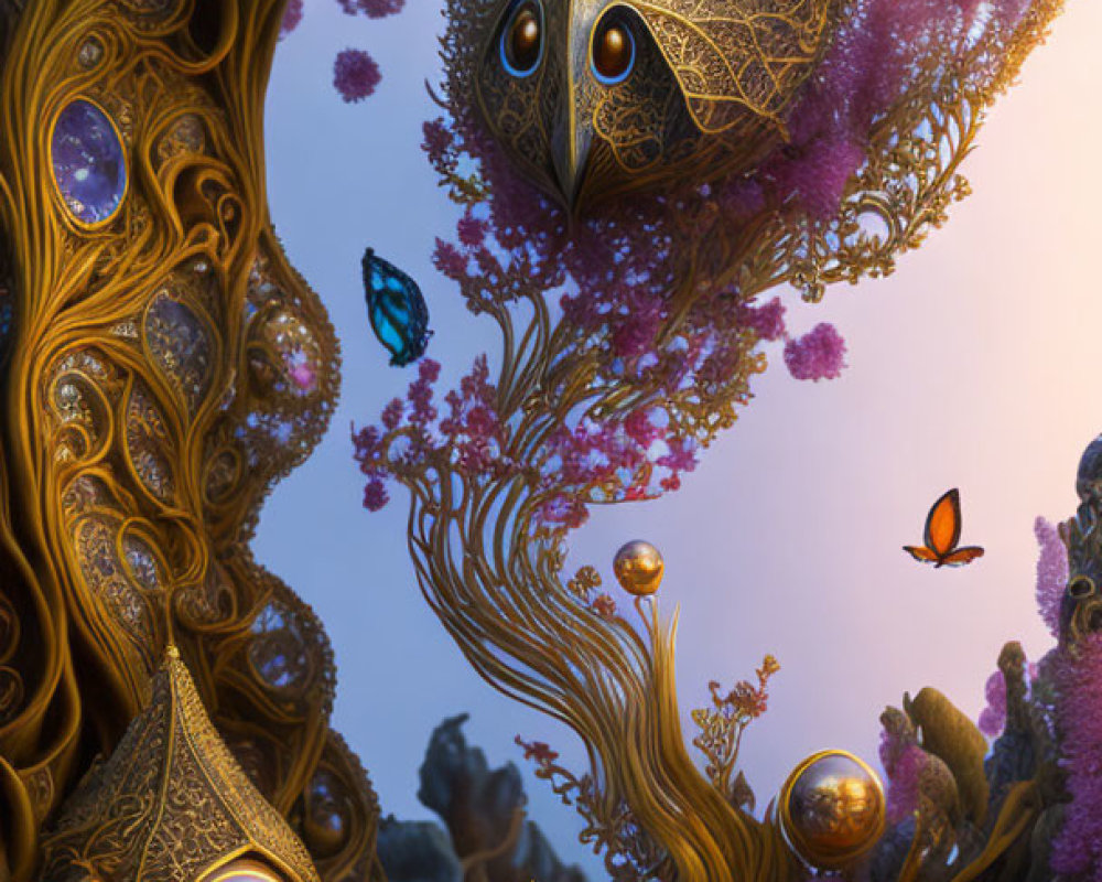 Fantastical digital painting of ornate tree-like structures with eyes and purple foliage under twilight sky