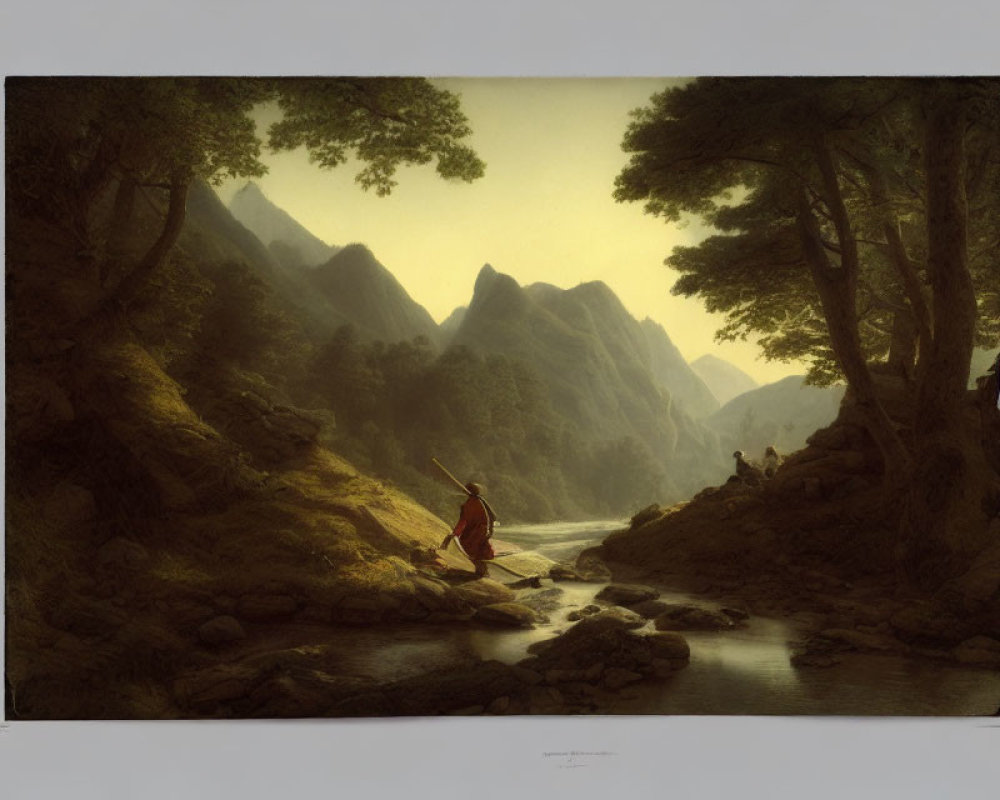 Serene landscape painting: Figure in red crossing stream, mountains, trees, soft glowing sky